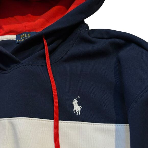 Polo Ralph Lauren Red White Blue ColorBlock Double Knit Hoodie Logo Women Large* - Picture 6 of 10